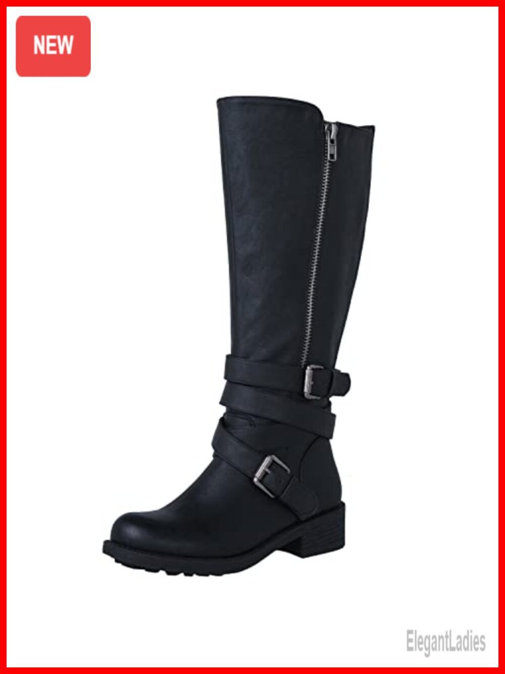 Women's Knee-High Motorcycle Boots Faux Leather Dual Zipper Low Heel